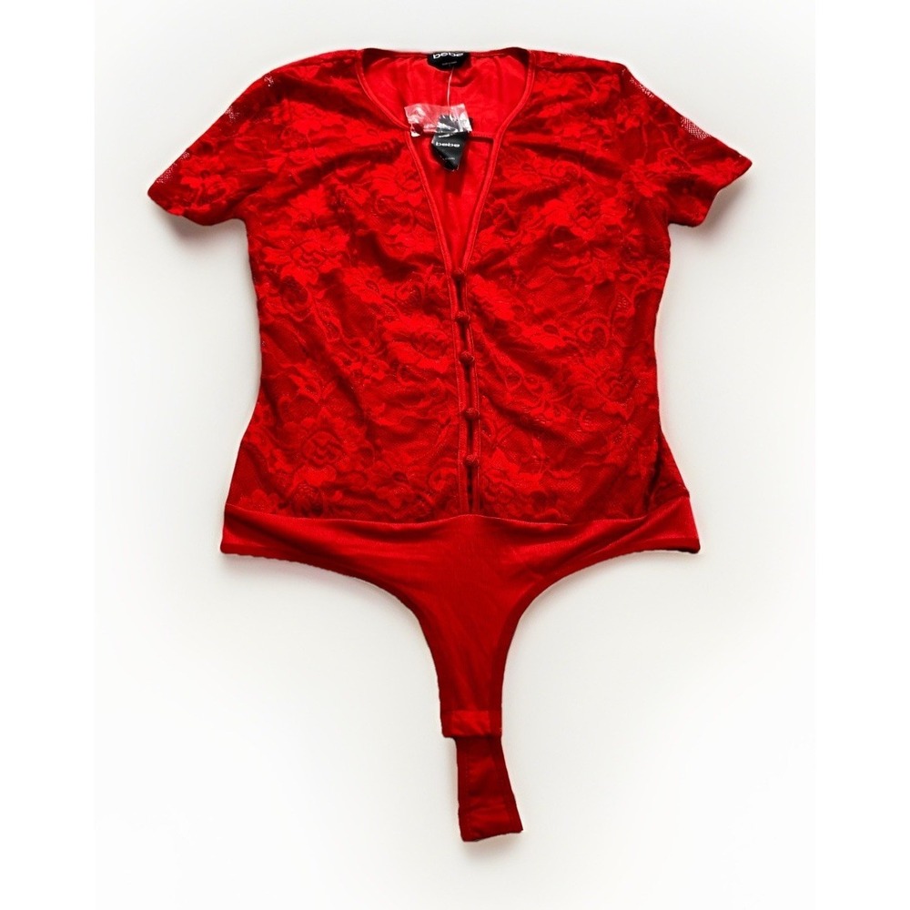 Bebe Bodysuit Womens Medium Red Lace Floral Stretch Short Sleeve Button Front